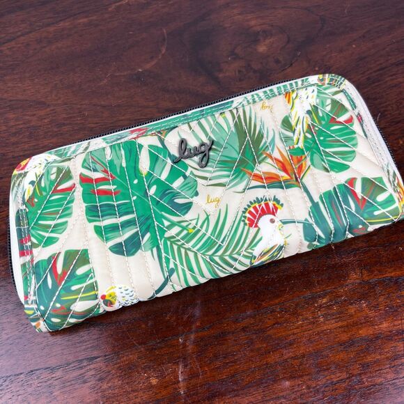 Lug Straddle Wristlet Zip Wallet Tropical Birds Cream No Strap CC Slots - Picture 1 of 12